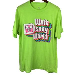 Walt Disney World Retro Spellout Logo Lime Green Shirt Unisex Large